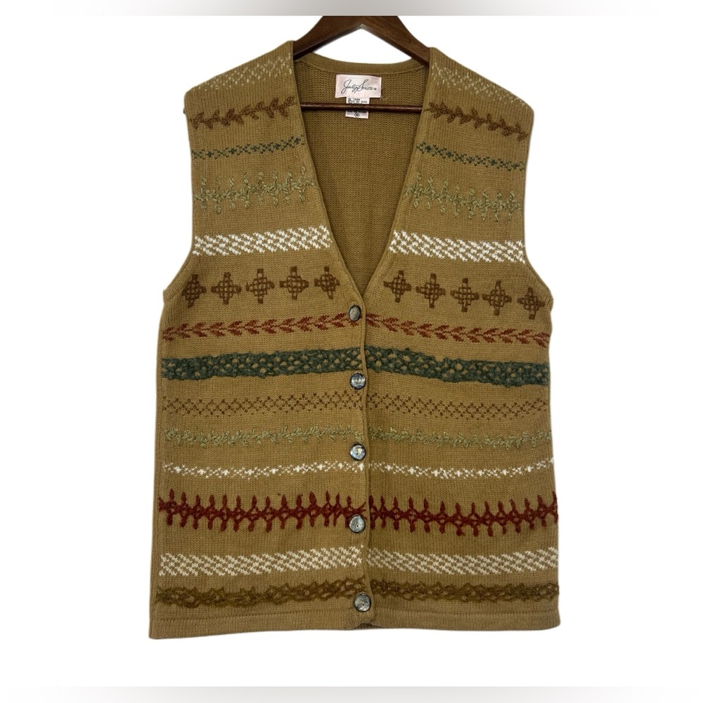 VINTAGE Jaclyn Smith Wool Blend Tan Embroidered Button-Up Knit Sweater Vest sMed - Picture 2 of 8